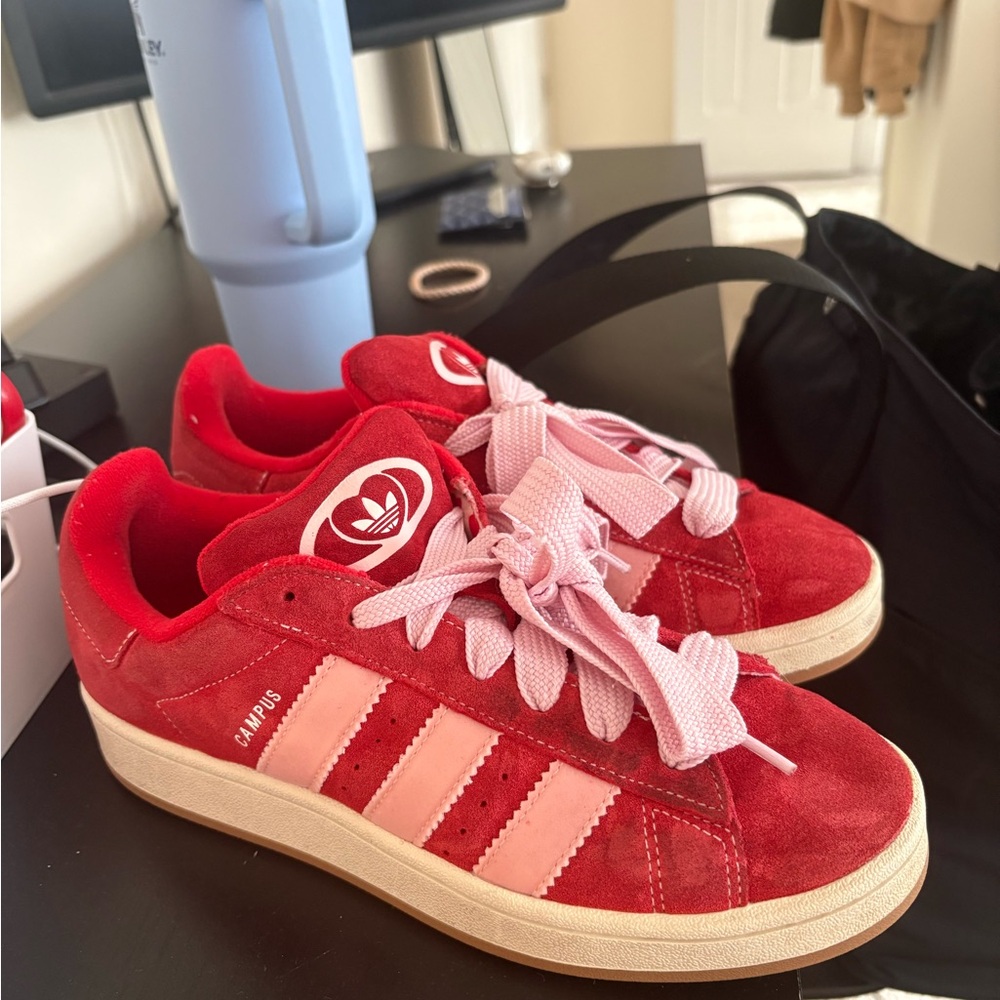 Pink and red adidas campus
